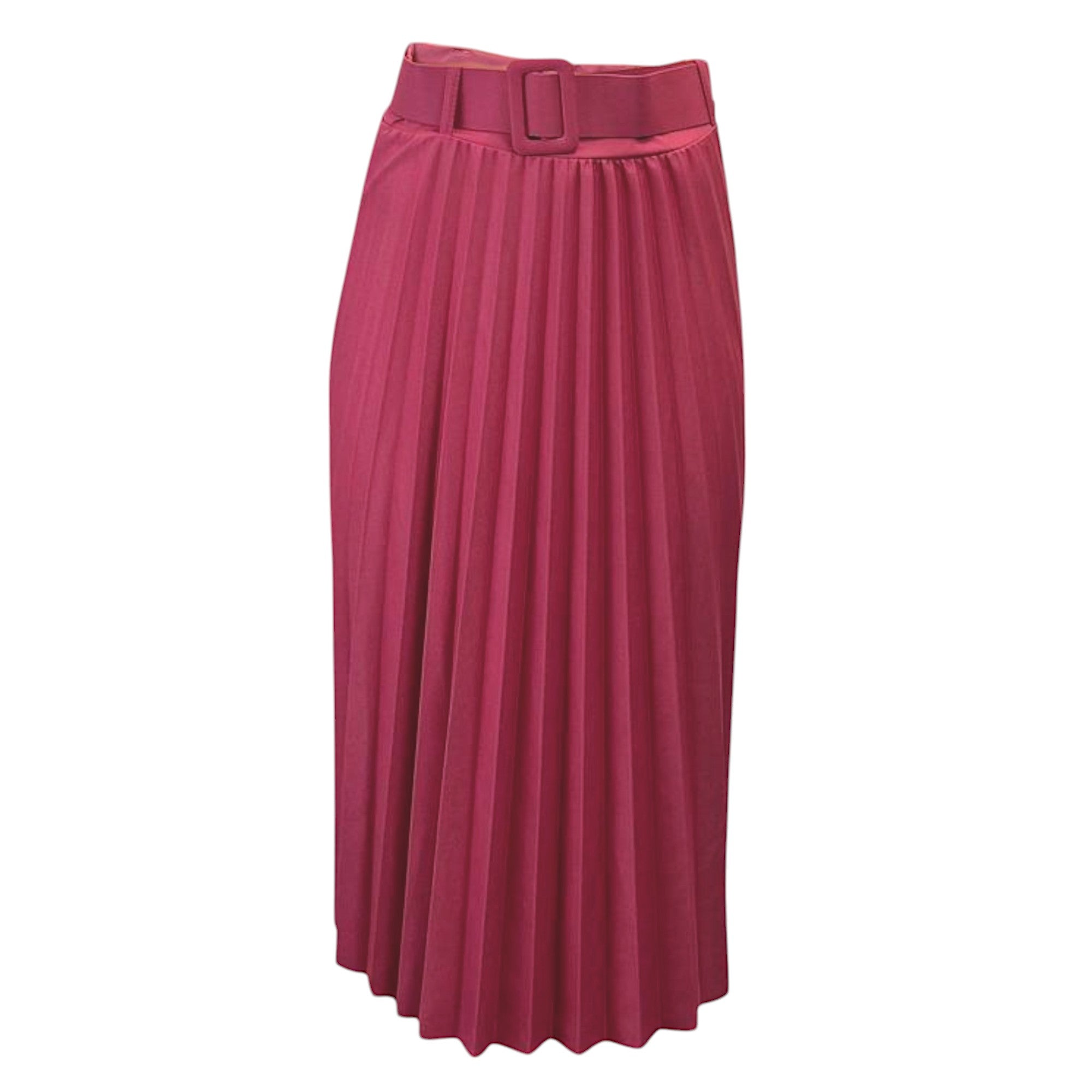 Women's vibrant red pleated midi skirt with belt – elegant high-waisted A-line design, ideal for formal and casual wear